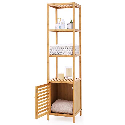 SONGMICS Bamboo Bathroom Storage Floor Cabinet, 4 Tiers Multifunctional Floor Shelving Unit, Free Standing Tower Corner Rack, Natural UBCB50Y Natural 5 Tiers (13"D x 13.4"W) With Door