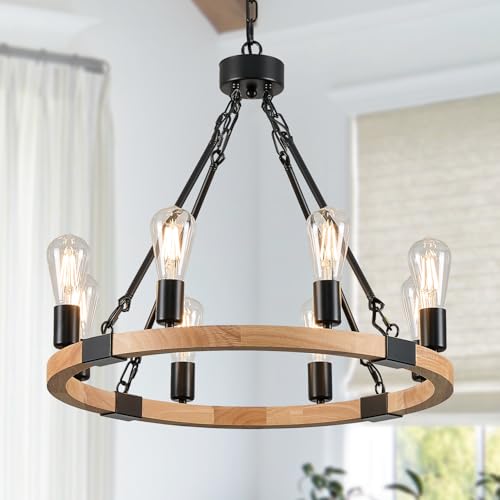 Image of Natural Wooden Wagon Wheel Chandelier 8-Light 23.6 inch Light Fixture