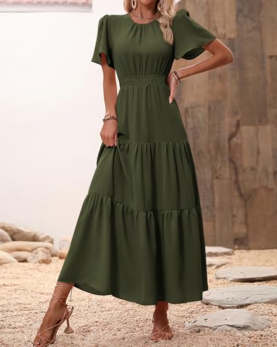 Image of PRETTYGARDEN Women's Casual Smocked Boho Floral A-Line Maxi Dress 2026 | Summer Short Flutter Sleeve Crewneck Tiered Long Sundress,Fall Wedding Guest Dresses,Spring Cute Flowy Beach Vacation Clothes