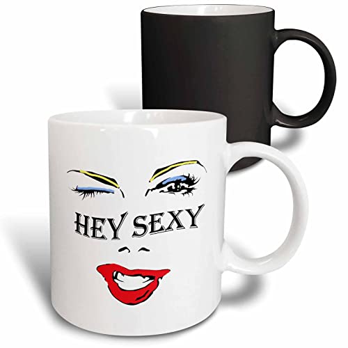 3dRose Hey Sexy. Sexy eyes. Red lips. Saying 11oz Magic Transforming Mug