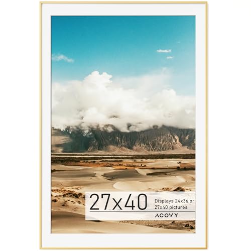 Acovy 27x40 Poster Frame with Mat for 24x36, Premium Aluminum 27 x 40 picture frame, HD Tempered Glass, Metal Photo Frame 40x27 for Wall Display (Gold, Pack of 1)