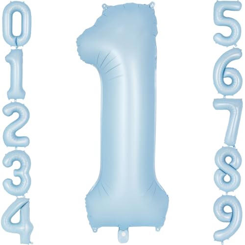 Image of Light Blue Number 1 Balloon, 40 Inch Big Large Foil Number Balloons, Giant Mylar Number 1 Balloons for 1st First Birthday Baby Party Decorations Supplies Anniversary