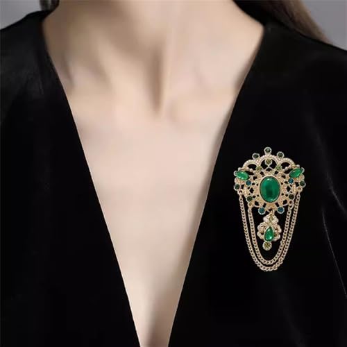 Image of Dainty Green Simulated CZ Tassel Drop Brooch Lapel Pins for Women Vintage Antique Gold-Tone Simulated Pearl Flower Brooches Pin for Dress Suit Accessories Fashion Jewelry