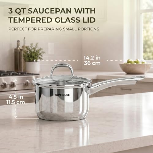 Image of Sunhouse 3 QT Stainless Steel Sauce Pan with Lid, Small Pot for Cooking, PFOA-Free, Advanced Impact Bonding Induction Base Mini Saucepan, Compatible with Induction, Ceramic, Gas