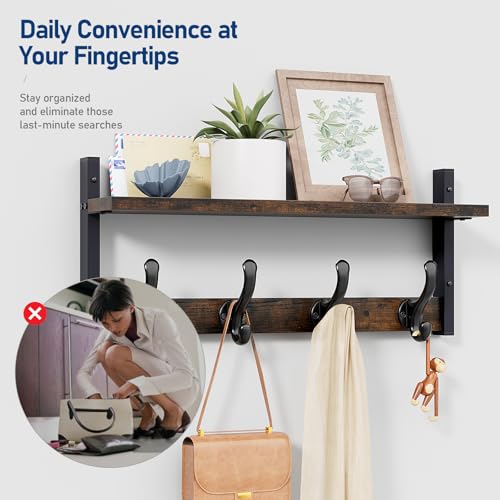 Image of Tatub 20 inch Rustic Coat Rack Wall Mount with Shelf, Wall Hooks with Shelf, Heavy Duty Entryway Organizer Hangers for Hanging, Hat, Bag, Jacket for Bathroom, Living Room, Bedroom, Rustic Brown