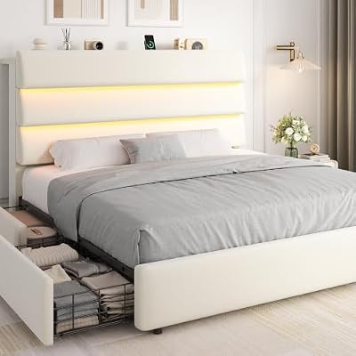 Jocoevol Queen Size Bed Frame with Headboard, Velvet Upholstered Platform Bed with 2 Storage Drawers, Wooden LED Bed Frame with Charging Station, No Box Spring Needed, Easy Assembly, Beige