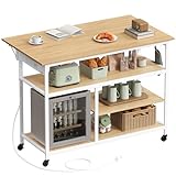 VASAGLE Kitchen Island with Drop Leaf, 47.2' Width Rolling Kitchen Cart with Power Strip, Extendable Worktop, Workbench,Pegboard, Adjustable Shelf, Golden Oak and Cloud White UKKI013Y01