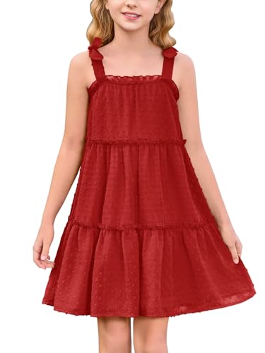 Haloumoning Girls Swiss Dot Spaghetti Strap Dress Kids Summer Flowy Sleeveless Ruffle Sundress 5-14 Years