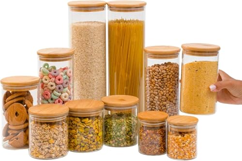 Kit 11 Potes de Vidro Herméticos com Tampa de Bambu – Porta Temperos e Mantimentos, Vedação Silicone, Organização de Cozinha Premium - Embalagem reforçada