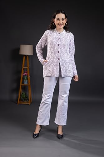 Image of Wear lusso Women Woolen Round Neck Self Design Cardigan | Heavy Hair Fabric Winter Wear | Pure Wool Long Cotty Fully Warm Cardigan Sweater