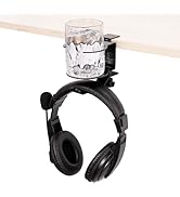 2 in 1 Headphone Hanger with Desk Cup Holder 360° Rotating Desk Clamp on Headset Organizer for Co...