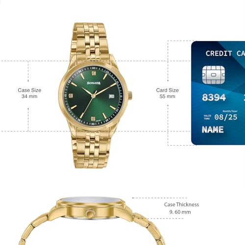 Image of Sonata Jashn with Quartz Analog Green Dial Gold Strap Men and Women (Pair) Wedding Watch - 7721287126YM01