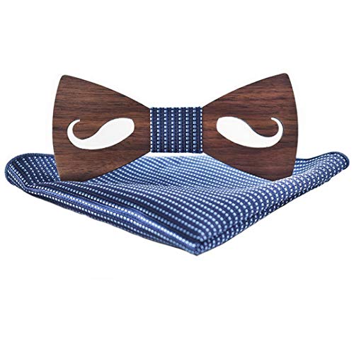 Ukerdo Hohl Holz Fliege Schleife Einstecktücher Set Schnurrbart Holz Fliegen Tuch für Herren Geburtstag Jahrestag Geschenk - Blau Cover