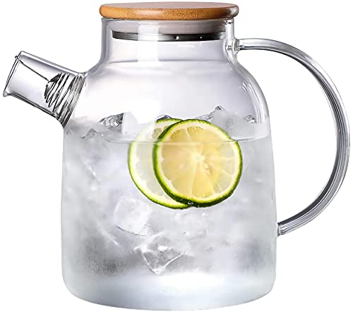 Acoode Glas-Wasserkrug mit Bambusdeckel, große Kapazität, kaltes Wasser, Teekanne mit Filter für heißes / kaltes Wasser und Eistee (1800 ml) Cover