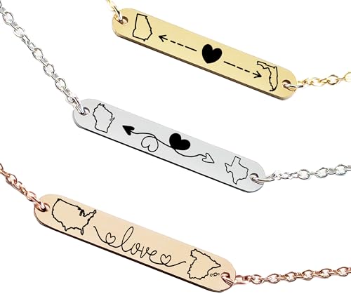 State Country Necklace for Couples Friends Custom Long Distance Relationship Jewelry Unique Handmade Charm USA Love Gift for Deployment, Separation, Going away Present Bridesmaid Gift Idea