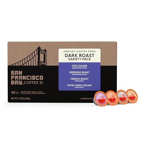Image of San Francisco Bay K-Cup Coffee Pods Dark Roast Variety Pack (40 ct), Includes Fog Chaser, Espresso Roast, French Roast, & Extra Dark Italian, Commercially Compostable Single-Serve Coffee Pods