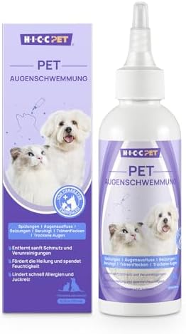HICC PET Augentropfen für Hunde & Katzen, 150 ml | Sanfte Augenreinigung zur Entfernung von Augensekret, Staub und Reizstoffen, Lindert trockene Augen