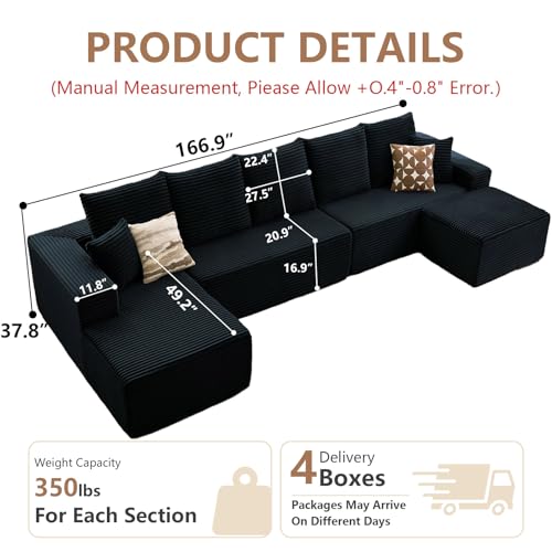 Image of Oversized Modular Sectional Sofa Couch, Large 6 Seater Corner Sofa Modern U Shaped Sectional Couch Cloud Couches for Living Room, Office, Spacious Space, Corduroy, No Assembly Required, Black