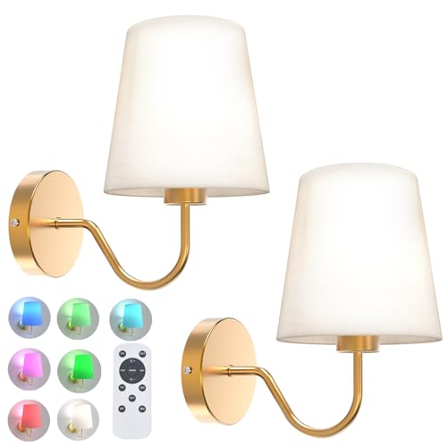 CS COSDDI Battery Operated Wall Sconce Set of 2, Gold Wireless Sconces with Remote, Rechargeable Dimmable LED Bulbs, 7 Color, Timer and Memory Function Wall Lights for Bedroom, Living Room, Hallway