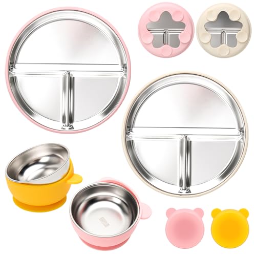 Image of MISSLILI Stainless Steel Baby Plate and Bowls with Suction, Divided Kids Baby Plate and Toddler Bowl with Removable Silicone Suction, Non-Slip Baby Feeding Set Dishwasher Safe，4 Packs