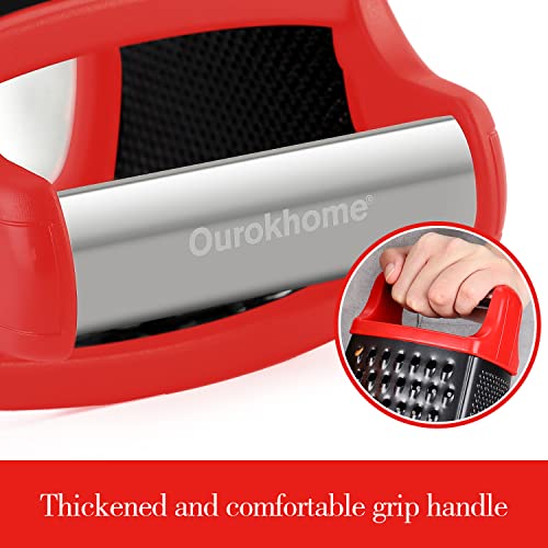 Ourokhome Box Grater With Container - 4 In 1 Stainless Steel Manual Kitchen Veggie Shredder Slicer Zester For Parmesan Cheese, Vegetable, Ginger, Coconut, Potato (Red And Black) #TOP2