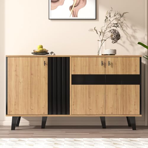 KOMHTOM Buffet en bois noir, armoire 6-compartiments, vitrine LED-verre, salon-chambre multifonction, 140x78x41 cm