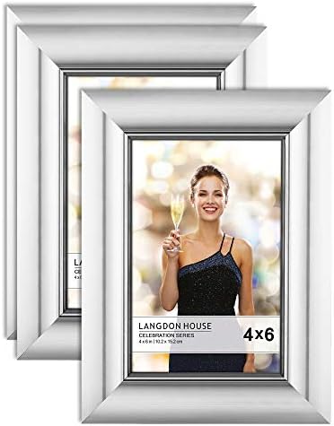 Langdon House 4x6 Picture Frames (Silver, 3 Pack), Contemporary Glam Photo Frames 4 x 6, Wall Mount or Table Top, Celebration Collection
