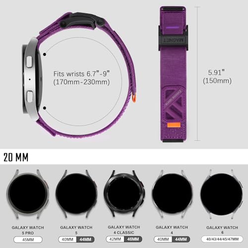 Compatible with Samsung Galaxy Watch 7 6 5 4 FE Band 40mm 44mm/ Watch 6 4 Classic 47mm 43mm 42mm 46mm/5 Pro 45mm/Watch 3 Classic 41mm/Active 2, 20mm Nylon magnetic snap fastener Replacement Sports band for Men (Purple, 20MM) by BandMdtnc - Used condition - Image 2
