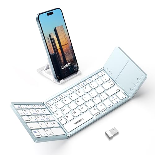 Image of Samsers Foldable Bluetooth Keyboard with Touchpad, Ultra Slim Compact, Blue | Multi-touch Trackpad, Full Size, Phone Holder, USB-C Charging, 3 Device, for Android Windows iOS Mac OS, Mobile Productivity