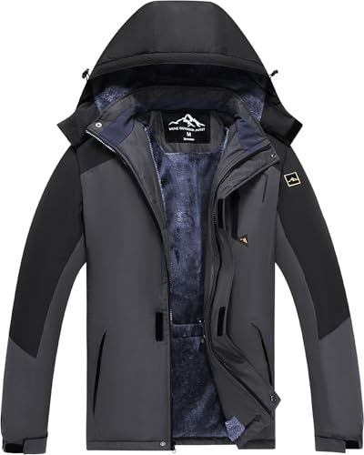 Tansozer Herren Winterjacke Warm Gefüttert Outdoor Jacke Wasserdicht Atmungsaktiv Wanderjacke Winter Schneejacke, Dunkelgrau-Schwarz, L