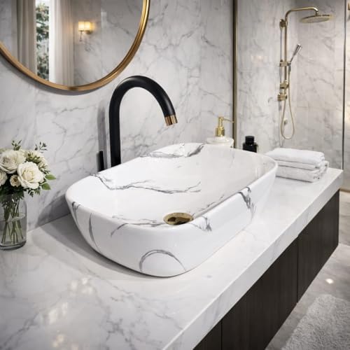 Image of Ceramic Tabletop Wash Basin - Glossy Rectangular Countertop Vessel Sink with Marble Finish for Bathroom & Vanity | Compact 18 x 13 x 5 Inch | Elegant Washbasin