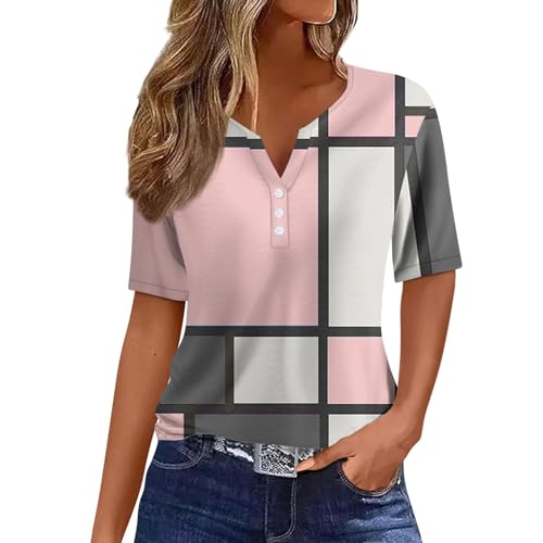 Generisch Damen Oberteile Kurzärmelig Sommer Henley-V-Ausschnitt T-Shirt Drucken Top Bequem Lässiges Basis Tunika Sportshirt Rosa S