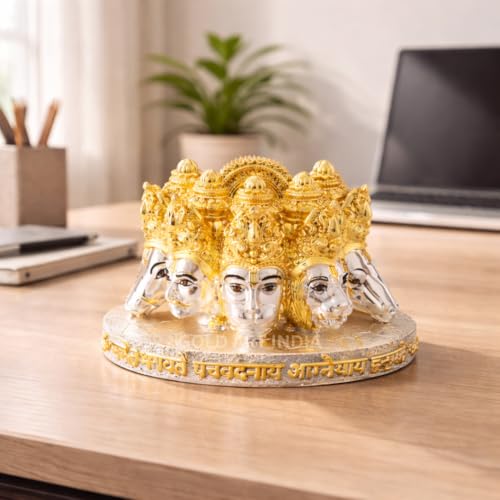 Image of Gold Art India Panchmukhi Hanuman Idol Two Tone Gold Silver Finish Bust Design Decorative Murti for Home Temple, Car Dashboard, Office & Vastu Decor