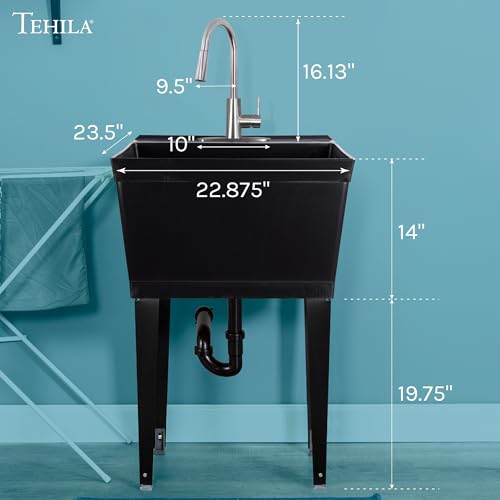Image of Laundry Sink Utility Tub With High Arc Metal Pull Down Faucet By JS Jackson Supplies, Stainless Faucet, Black Tub