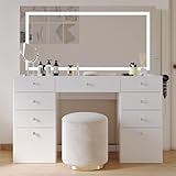 Boahaus Selina Extra Large Makeup Vanity Desk with Dimmable LED, 2 Bluetooth Speakers, USB Type C & Type A, 110 V Power Outlet, 9 Drawers, Crystal Knobs - Premium White