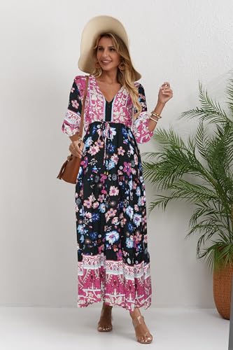 Image of Women Short Sleeve V Neck Floral Print Casual Bohemian Maxi Dresses