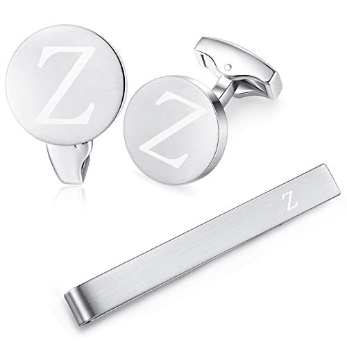 HONEY BEAR Initial Alphabet Letter Cufflinks Tie Clip Set for Mens Wedding Gift Z Silver