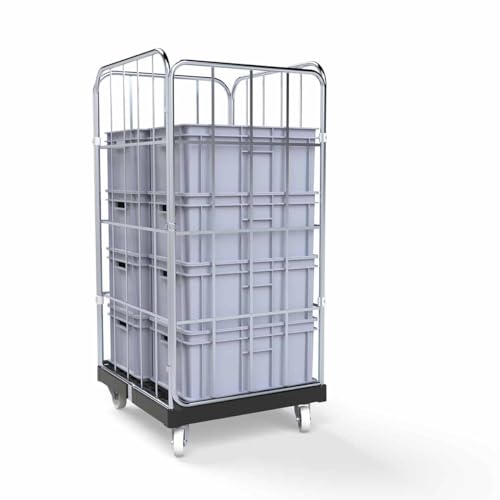 Abrollwerk Rollbehälter 1350 mm Nutzhöhe (500 kg Traglast), Kunstoffplatte schwarz, 4-seitig, Maße 724 x 815 x 1530 mm – robuster Gitterwagen Typ Cr3-verzinkt für Garage, Lager, Transport und Logistik