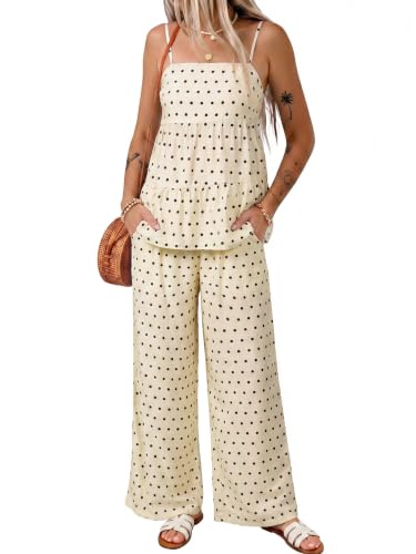 Glamaker Womens Summer 2 Piece Sets Casual Lounge Floral Matching Set Adjustable Straps Two Piece Resort Wear with Pockets (White Polka Dot L)