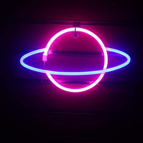 NIWWIN Planet Neon Signs Planet Neon Lights Hanging Night Light, Neon Decoration for Christmas Birthday Party Bedroom Wall and Kids Gifts. Blue and Pink Neon, Powered by Battery or USB Cover