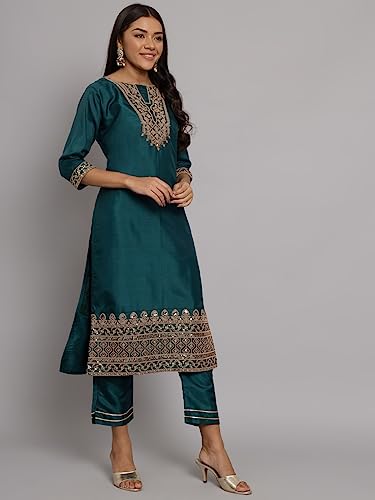 Image of VredeVogel Women's Silk Blend Embroidered Kurta with Pant & Nazneen Dupatta Set