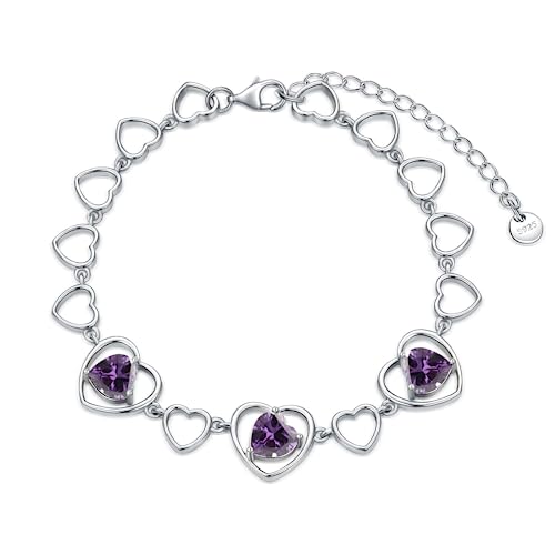 Mother's Day 3 Heart Birthstone Bracelet 925 Sterling Silver Gemstone Bracelets Jewelry Gifts for Women Wife Mother 6.5-inch Chain and 2-inch Extender