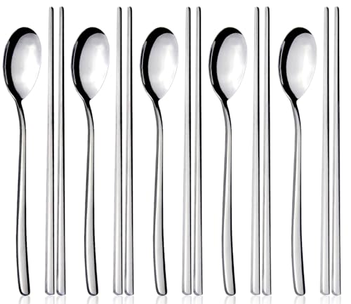 YFWOOD 5 Paar Essstäbchen und Löffel Set 10 Stück Wiederverwendbares Metall Flach Essstäbchen Löffel Set aus 18/10 Edelstahl mit Langem Griff für Zuhause Küche oder Restaurant