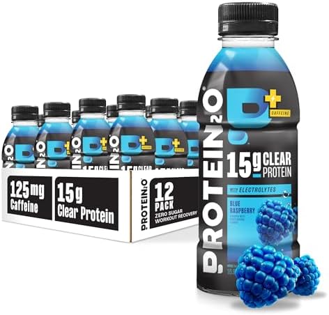 Protein2o 15g Whey Protein Isolate Hydration Drink Plus Energy & Focus, 350mg of Electrolytes, 125mg of Caffeine, Sugar Free, Blue Raspberry, 16.9 oz Bottle (Pack of 12)