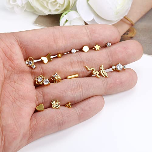 Fiasaso 16Pcs 16G Cartilage Stud Earrings For Women Teen 316L Stainless Steel Top Screw Cz Star Bee Snake Dangle Conch Helix Tragus Flat Back Earrings Screw Back Ear Piercing Jewelry #TOP3