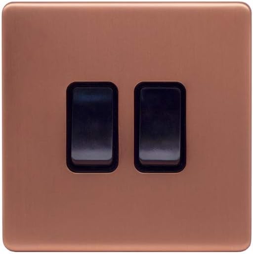 Lieber Brushed Copper 10A 2 Gang 2 Way Light Switch - Black Insert Screwless