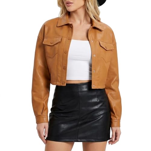 CHIGUO Women Faux Leather Cropped Jacket Trendy Moto Biker Short Jacket Fashion PU Coat Party Jacket