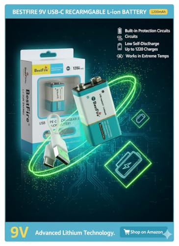 Image of Compatible with BestFire 9V-6000mWh USB Type-C Rechargeable Li-ion 1200mAh Battery (Pack of 1)