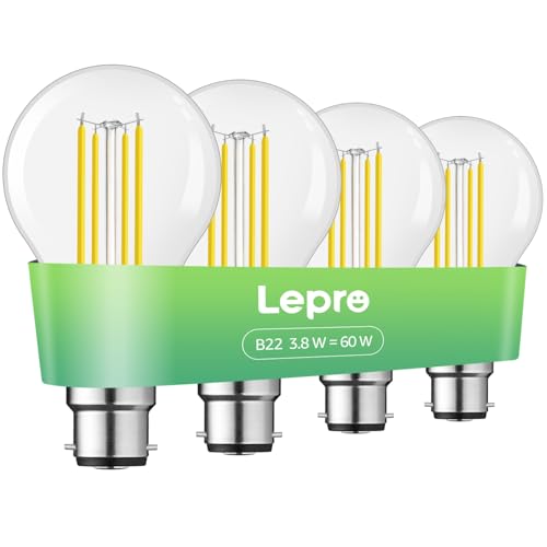 Lepro B22 Bayonet Light Bulb, A-Rated Ultra-efficient LED Bulb, 3.8W = 60W, 806lm, 2700K Warm White, 50000H Lifespan, Clear Filament, Vintage Glass, N