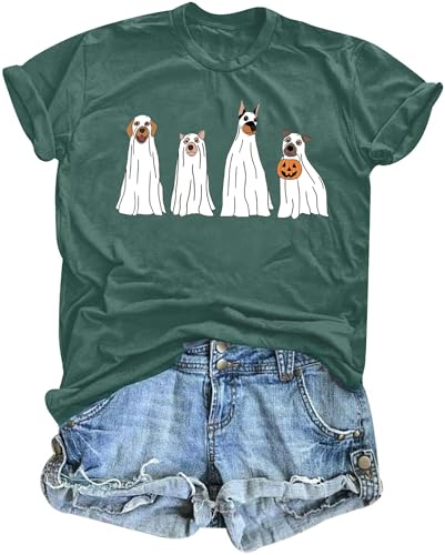 Halloween Ghost Dog T Shirt Women Halloween Thanksgiving Pumpkin Shirts Dog Lover Fall Tops